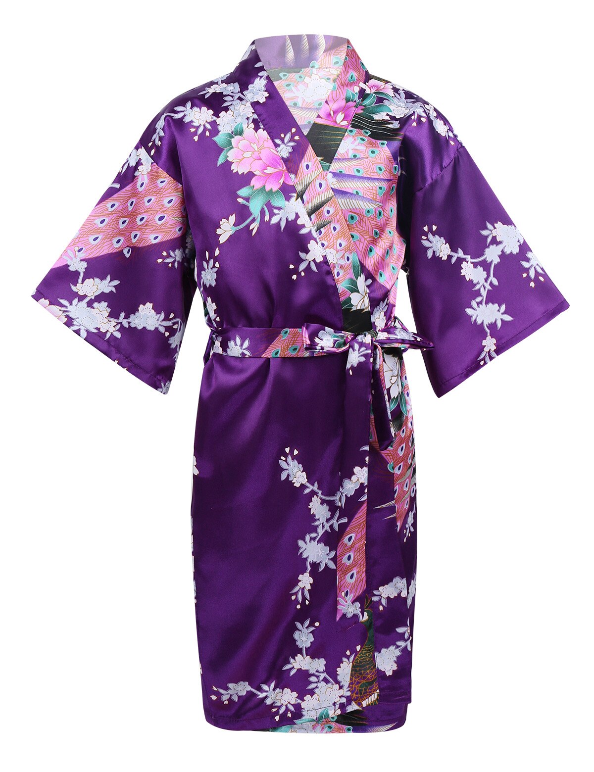 Blomma&påfågel kimono badrock barn flickor siden satin mjuk sovkläder sexig mini brud brudtärna bröllopsrock morgonrock: Lila / 10
