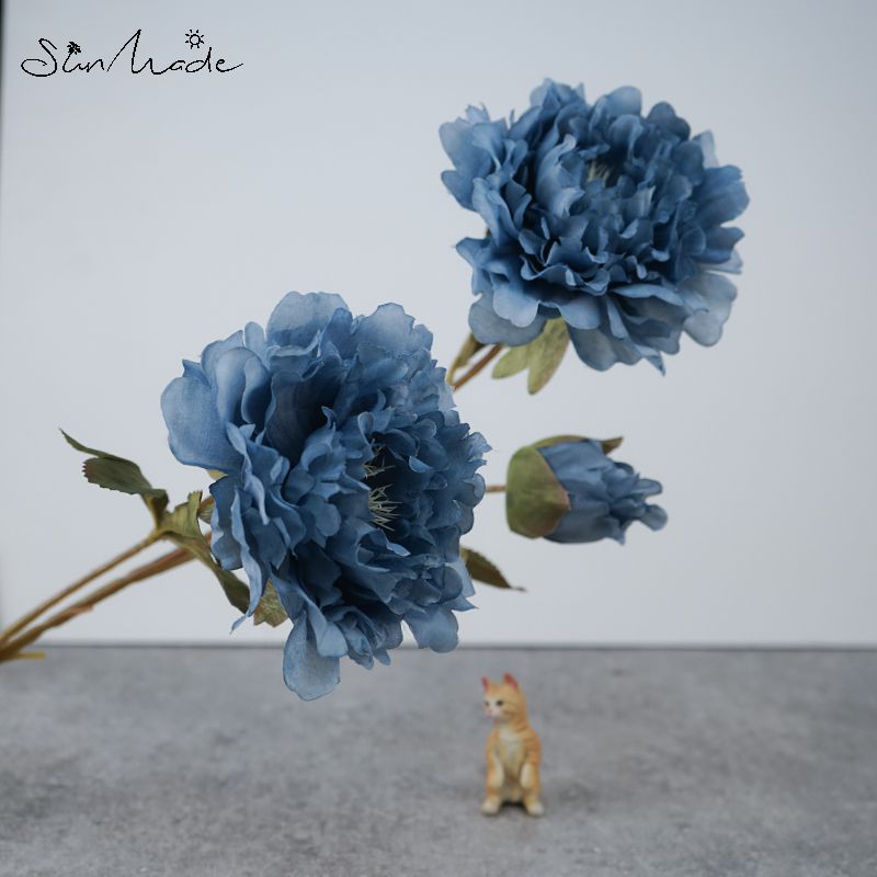 Sunmade 3-Head Grote Pioen Tak Kunstbloemen Woonkamer Decoratie Bruiloft Fall Decor Bloemstuk Diy: Retro Blue