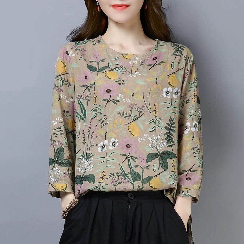 Katoen Linnen Shirt Plus Size Vrouwen Kleding Lange Mouw Top Bloemen Vintage Blouse Dames Casual Vrouwelijke: Beige / XXXL