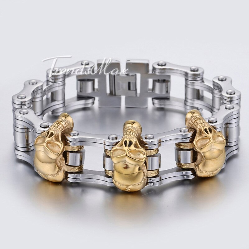 Trendsmax 22cm heren schedelarmband 316l roestvrijstalen armband biker fiets link heren sieraden hbm 66: 3 schedels 22cm  hb308