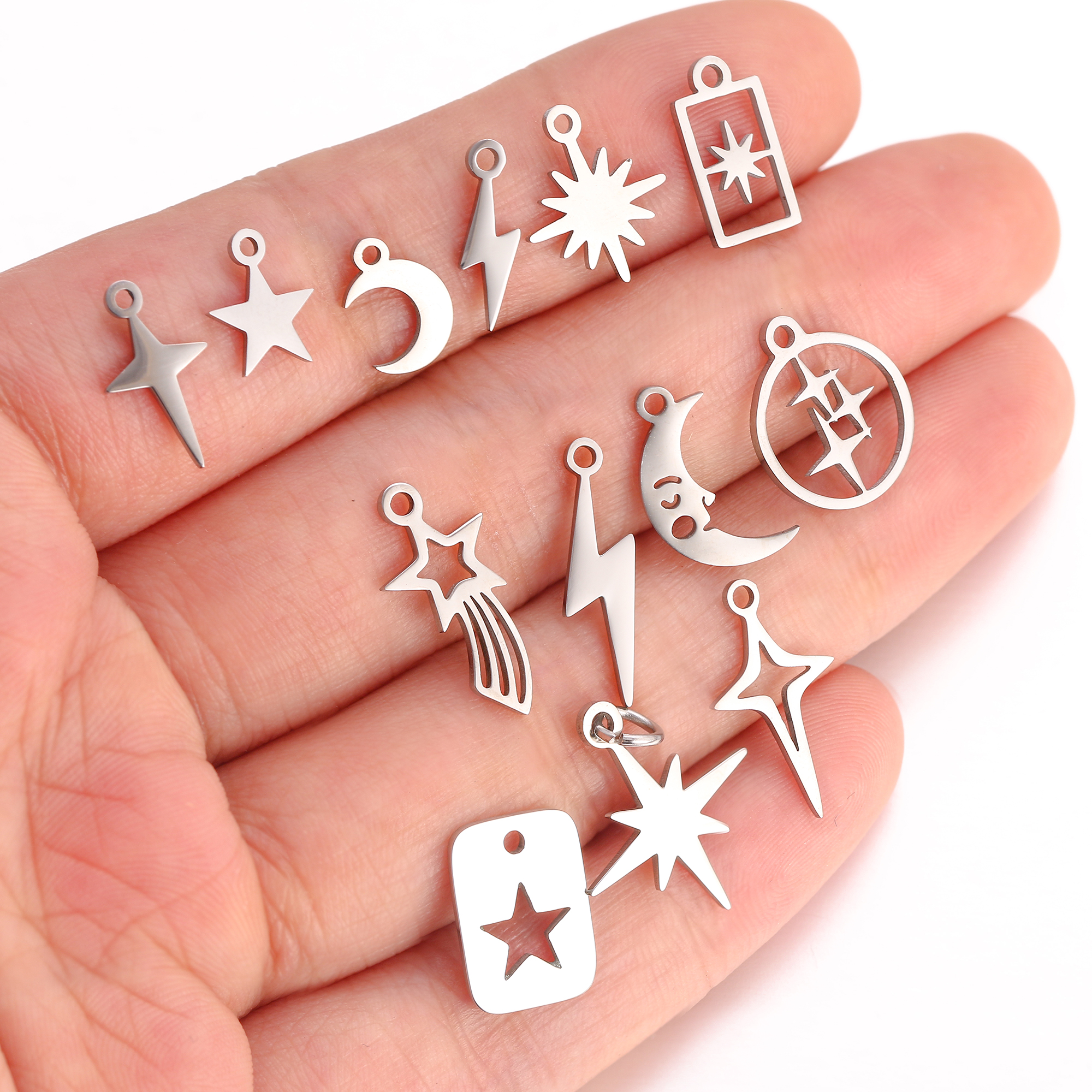 Lote de 5 unidades de Mini dijes de estrella Celestial, colgante de pentagrama/estral/Meteor/luna de acero inoxidable DIY para pendientes, pulseras, fabricación de joyas