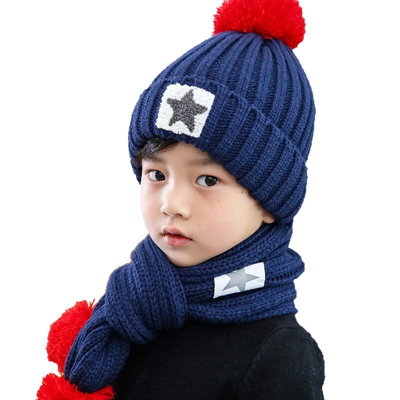 Children Knitted Hats & Scarves Sets Hailball Beanies Knit Kids Winter 2 Pcs Set Winter Hats For Children Hat Winter: Navy Blue
