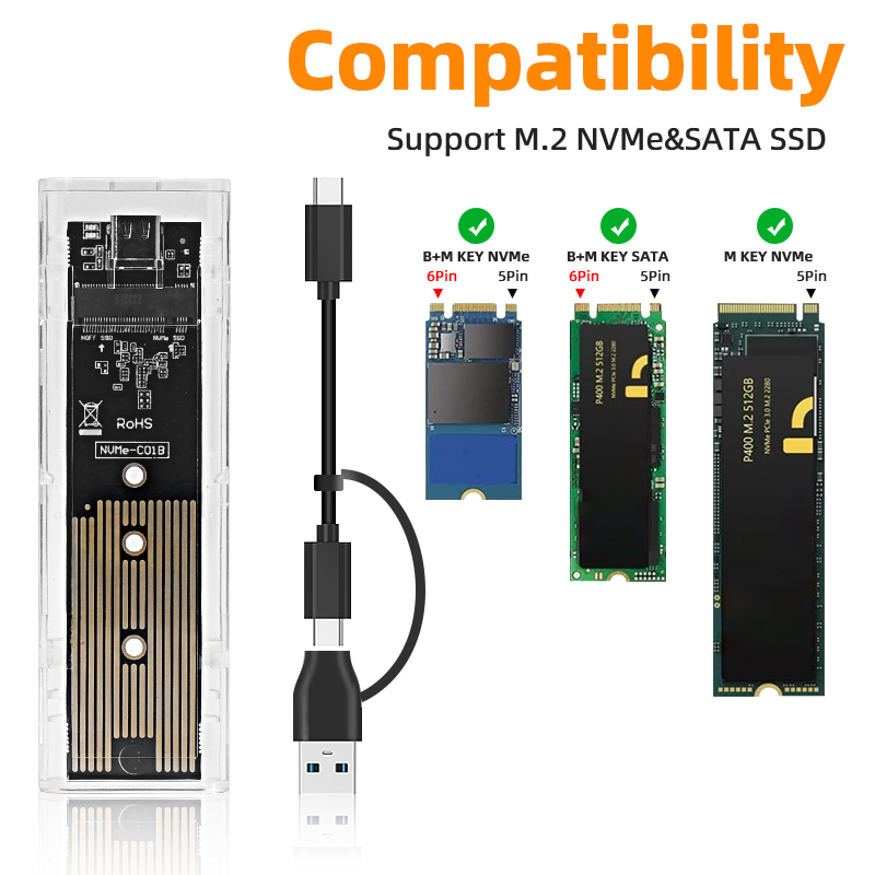 M.2 NVME PCIe NGFF SATA Dual Protocol SSD Case Clear USB Type C 10Gbps PCI-E M2 SSD Transparent External Enclosure Hard Disk Box: Brown