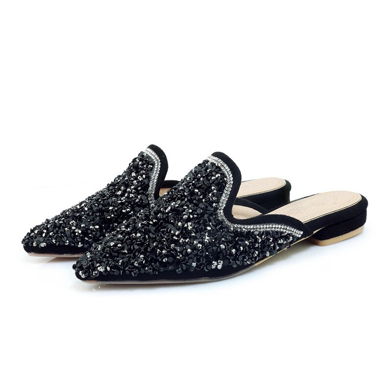 Muły buty damskie szpiczasty nosek panie Bing płaskie kapcie na zewnątrz poślizgu na lato brokat buty na pasku srebrny czarny rozmiar41 42 43: Black / 4.5