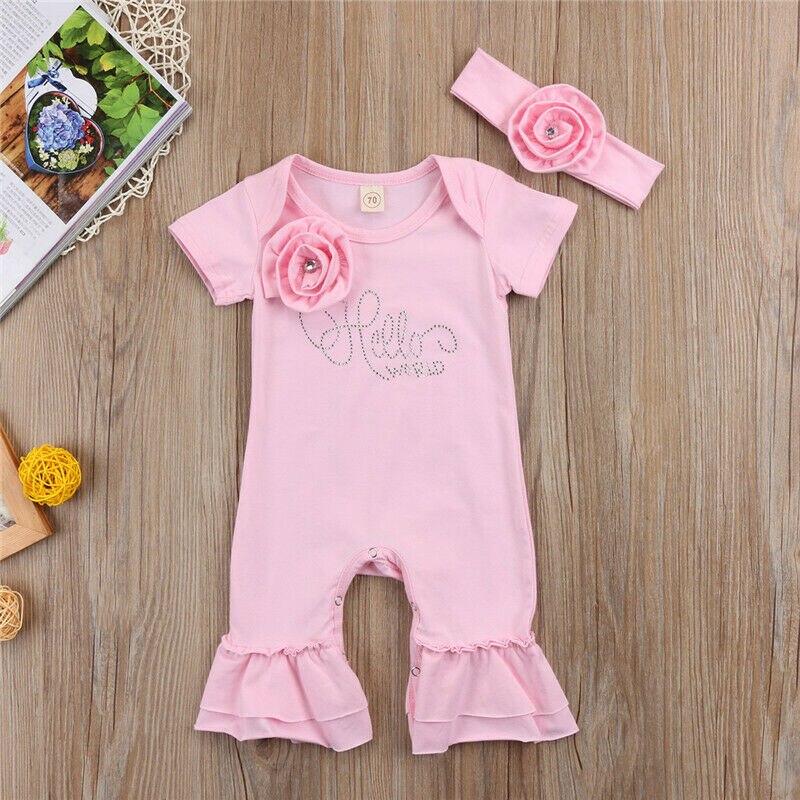 Newborn Baby Girls Flower Ruffle Jumpsuit Headband Outfits Clothes Set