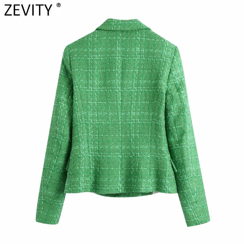 Zevity-Chaqueta de lana de Tweed para mujer, ropa de estilo inglés con doble botonadura, verde, Vintage, manga larga, trajes Chic, Tops CT695
