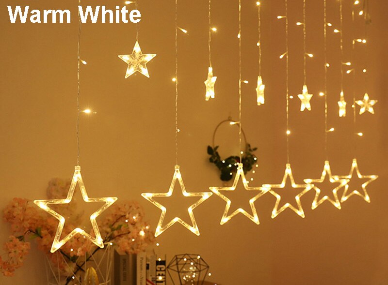 LED Twinkle Star Heart String Lights EU Plug 220V Waterproof Outdoor Christmas Fairy Garlands Curtain Lights Wedding Party Decor: big star-warm white