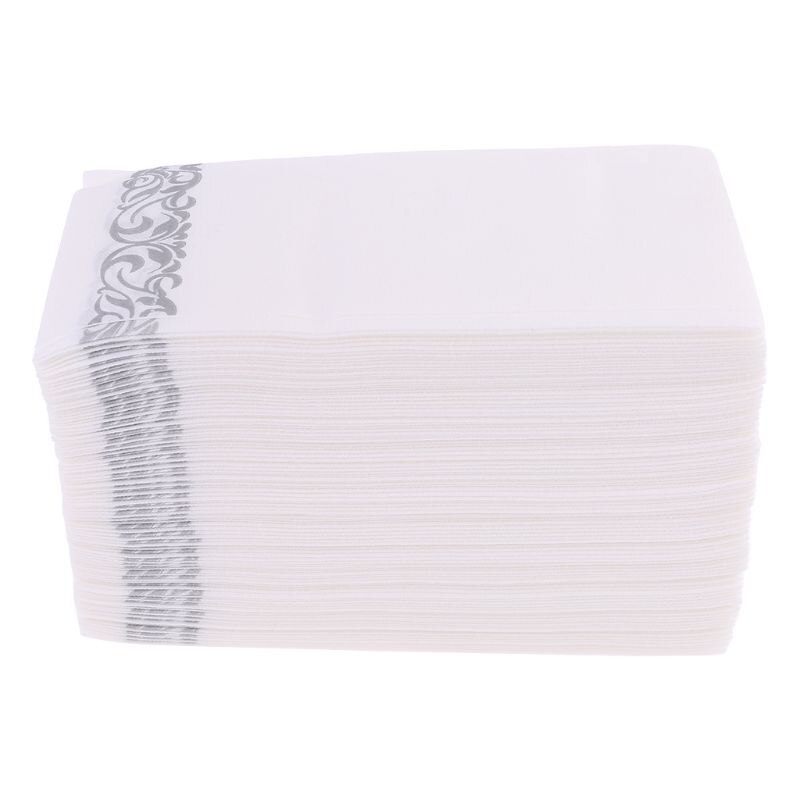 Engangs gæstehåndklæder i linned - dekorative hvide håndklæder, sølvblomstret kludlignende papirservietter  k1mf