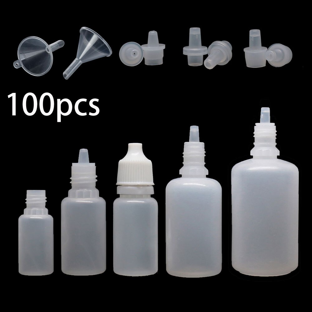 100 sztuk x 5ml-100ml plastikowe butelki z kroplomierzem puste wyciskane PE oko E płynny sok wkraplacz oleju pojemnik wielokrotnego napełniania + mini lejek
