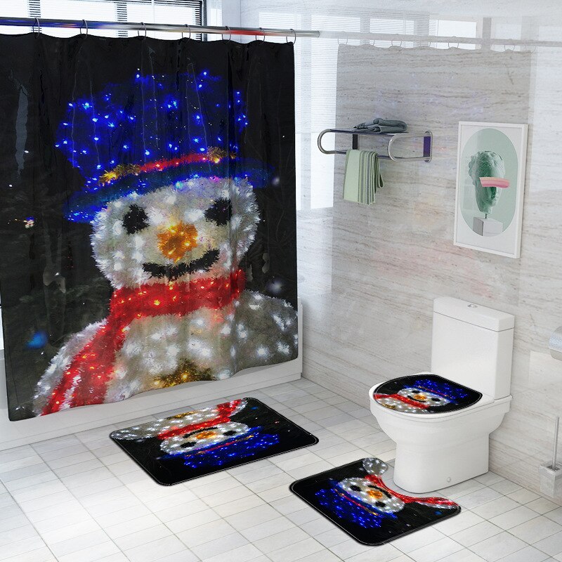 Kerst Badkamer Mat Douchegordijn Gedrukt Douchegordijn Sneeuwpop Bad Mat Anti Slip Mat Microfiber Badkamer Bad Rug: 4pcs-296