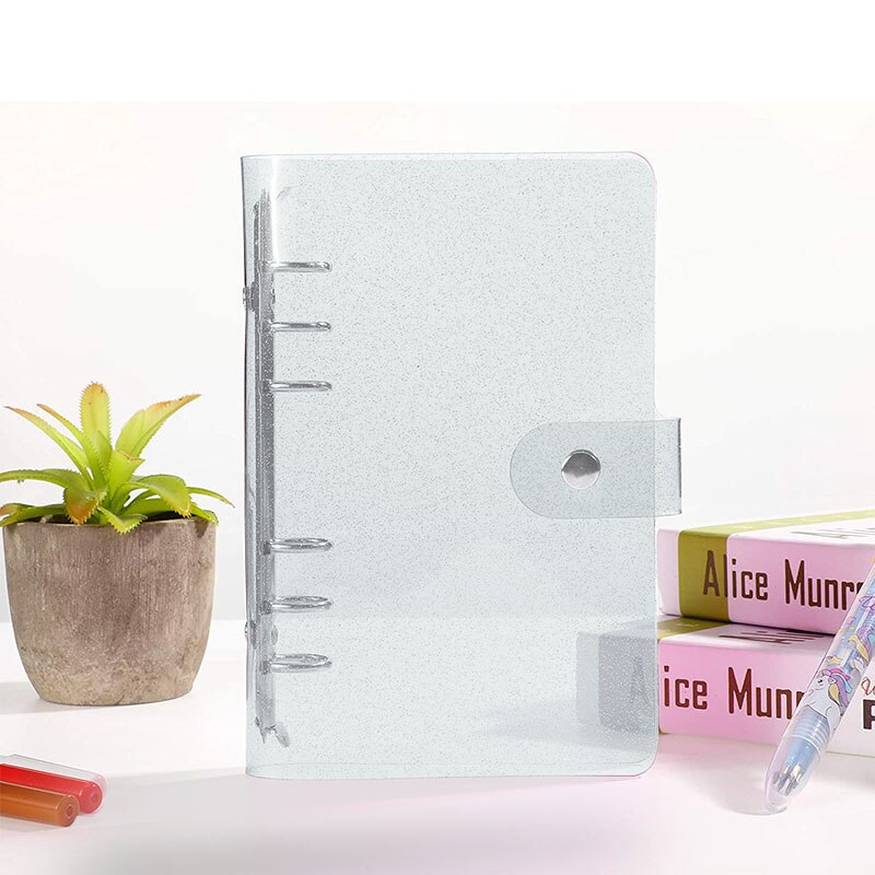 A6 soft PVC 6-ring binder cover with flashing transparent notebook zipper bag loose-leaf core book with snap button close binder: silver