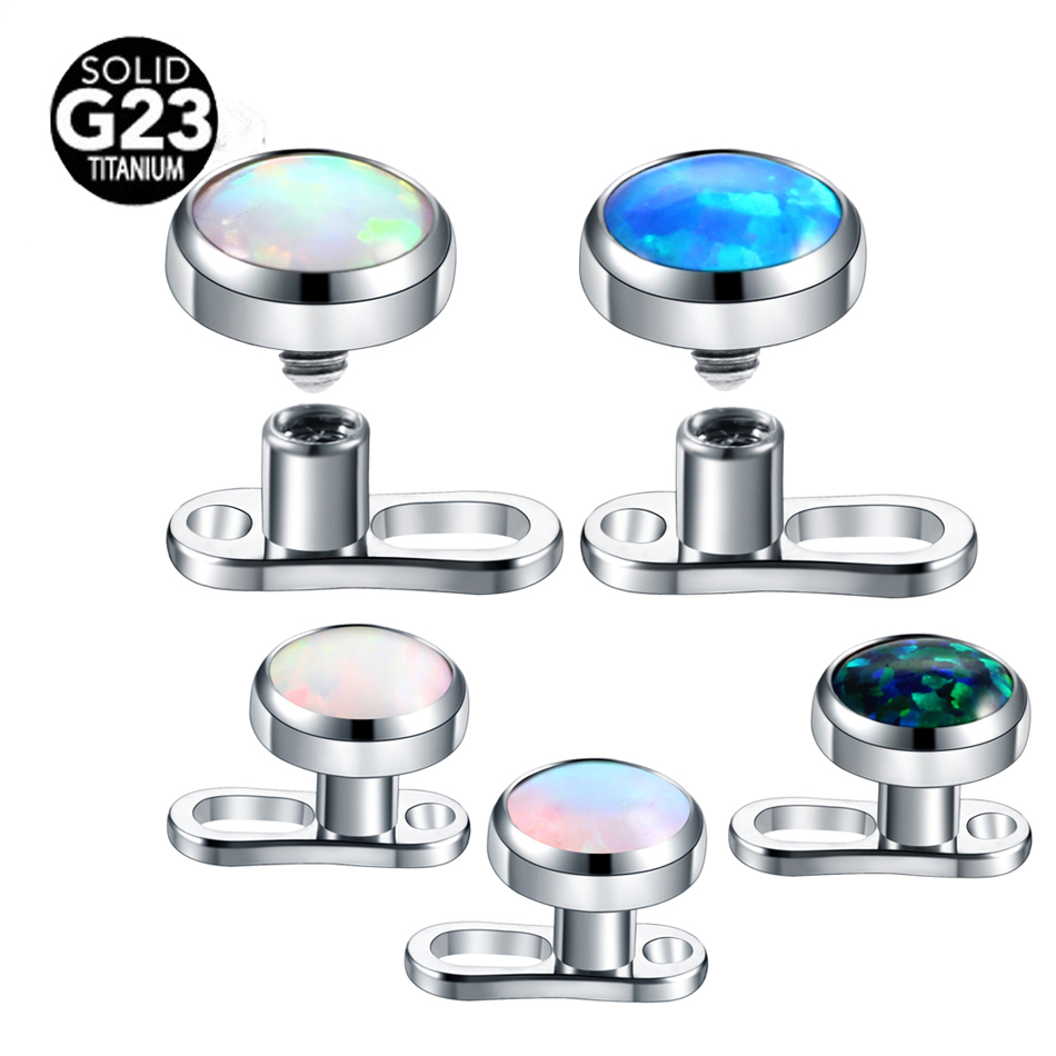 1PC G23 Titanium Micro Dermal Anchor Set Base 2 Holes with Opal Stone Top Dermal Piercings Skin Diver Surface Rings Body Jewelry