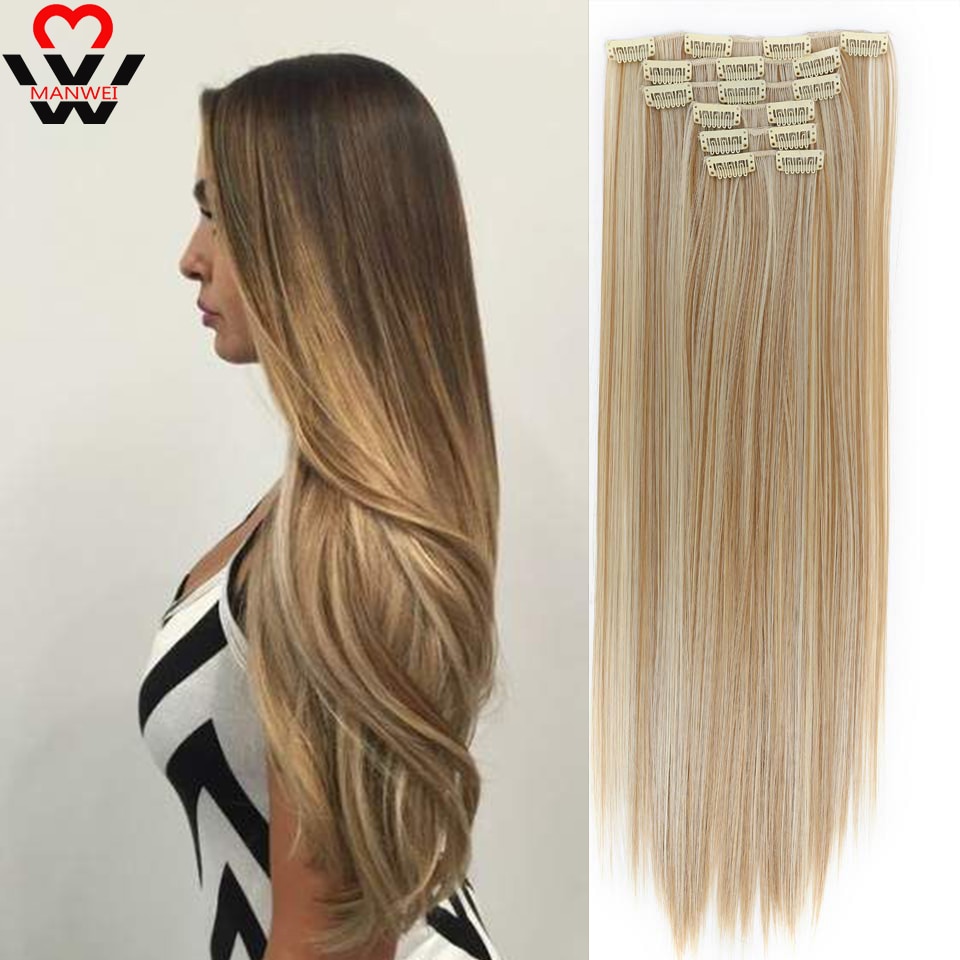 MANWEI Clips In Hair Extentions Women Synthetic Hair Extensions 6 Pcs/Set 16 Clips 22 Inch Synthetic Hair Piece