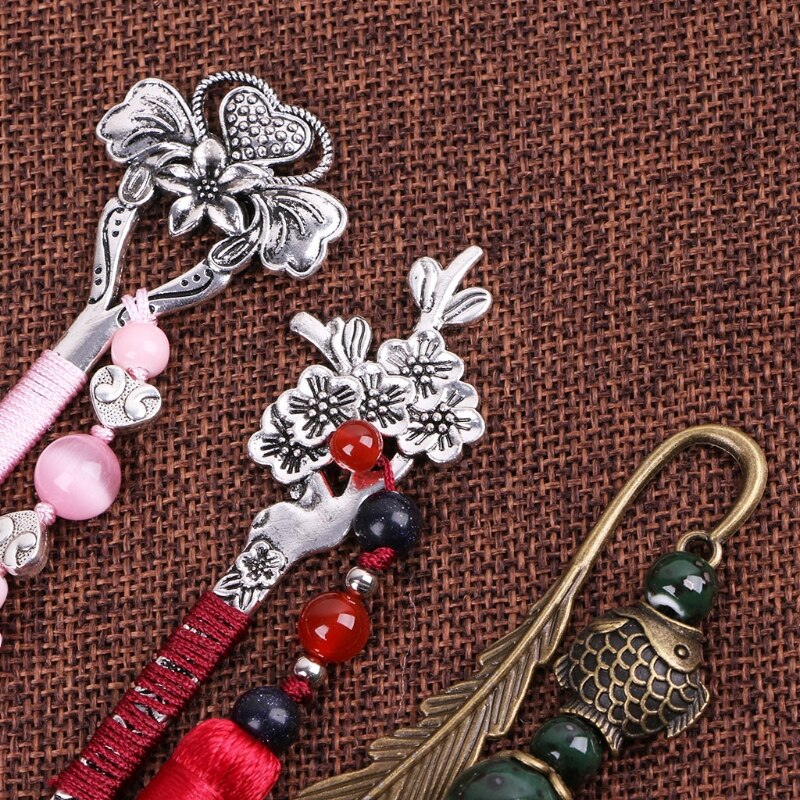 Chinese Style Vintage Classic Metal Bookmark Tassel Beads School Office Supplies P82A