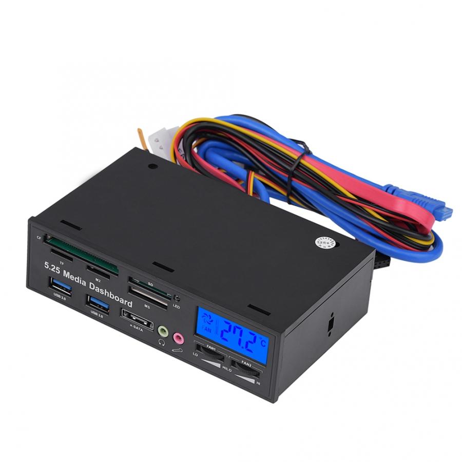 5.25in Multifuntion Media Dashboard Front Panel 2 USB 3.0 Hub Card Reader with LCD Display Suitable for Desktop Computer