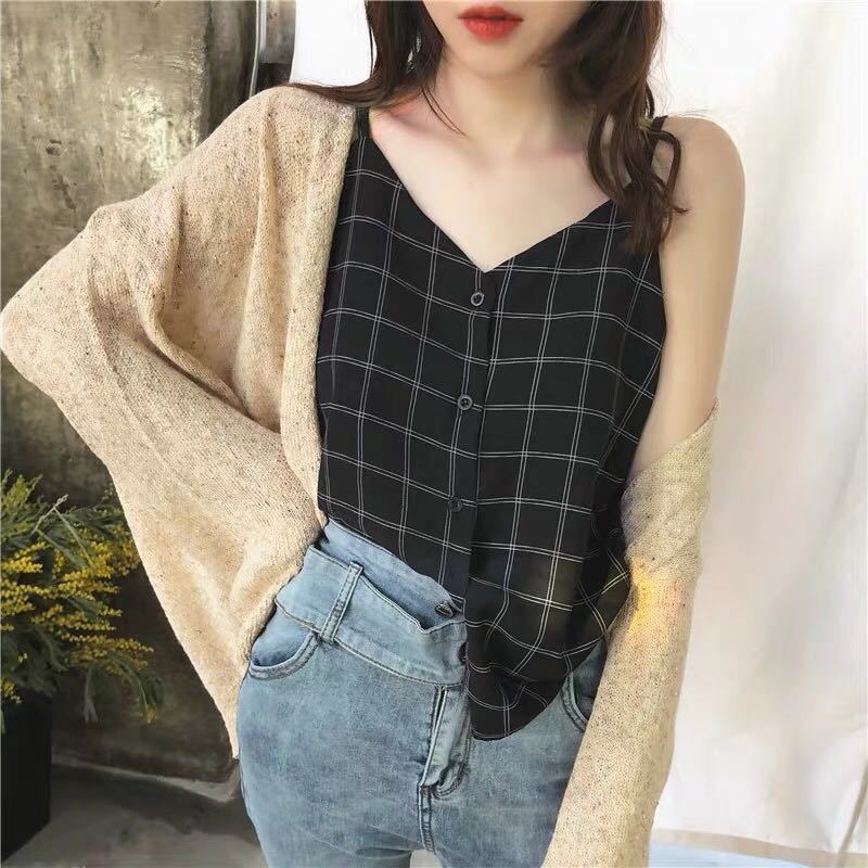 Women Plaid Sling Shirt Female Short Sleeve Elastic Blouse Summer Lady Small Tops