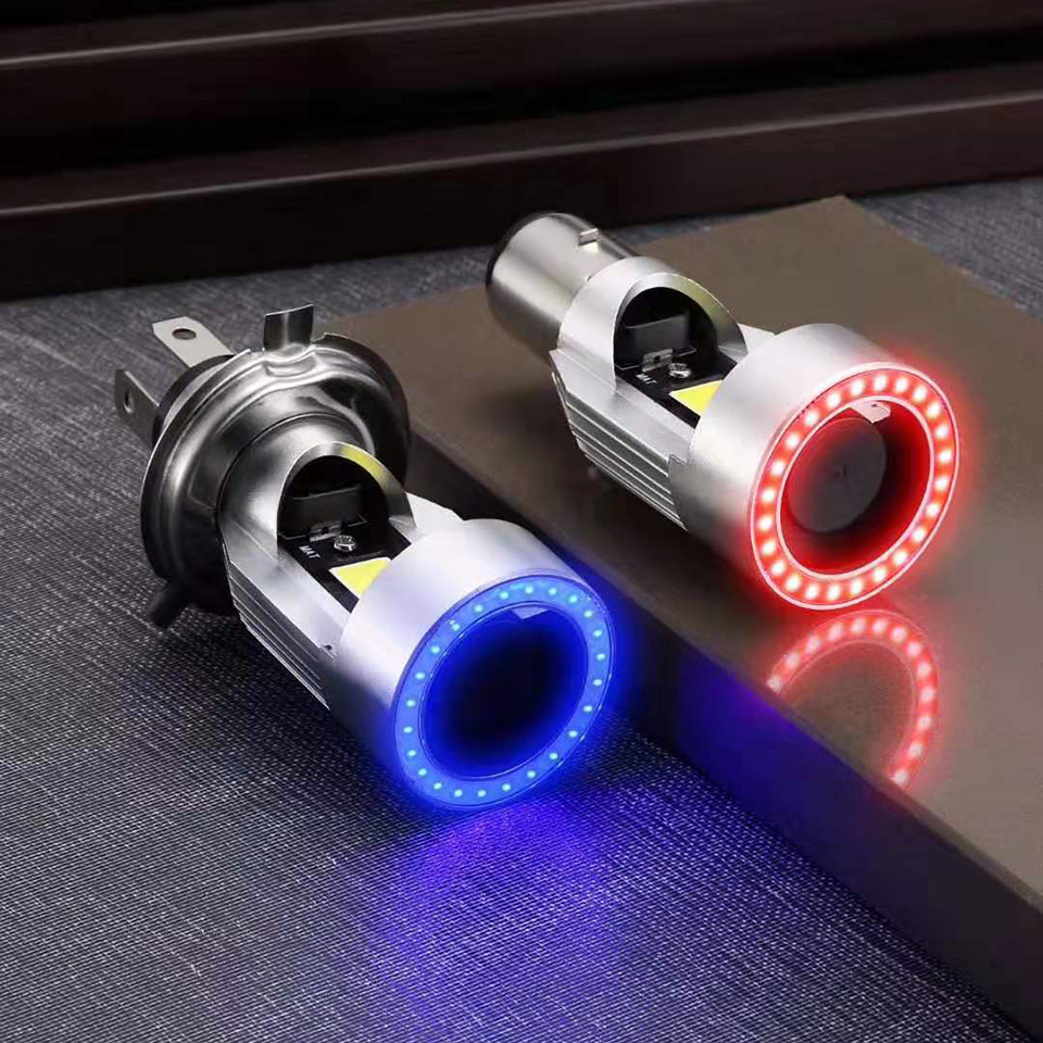 Faro LED de ojo de Ángel para motocicleta, luz de faro LED H4 Ba20d HS1 H6, accesorios DRL de 12/24V, azul/rosa