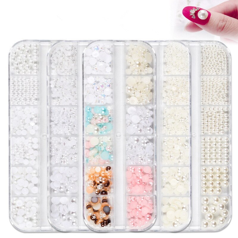 12 Grid AB Wit Nail Pearl Nail Art Decorations Gemengde Size Pearl Steentjes Kralen Plaksteen Nail Tips voor Manicure Nailart