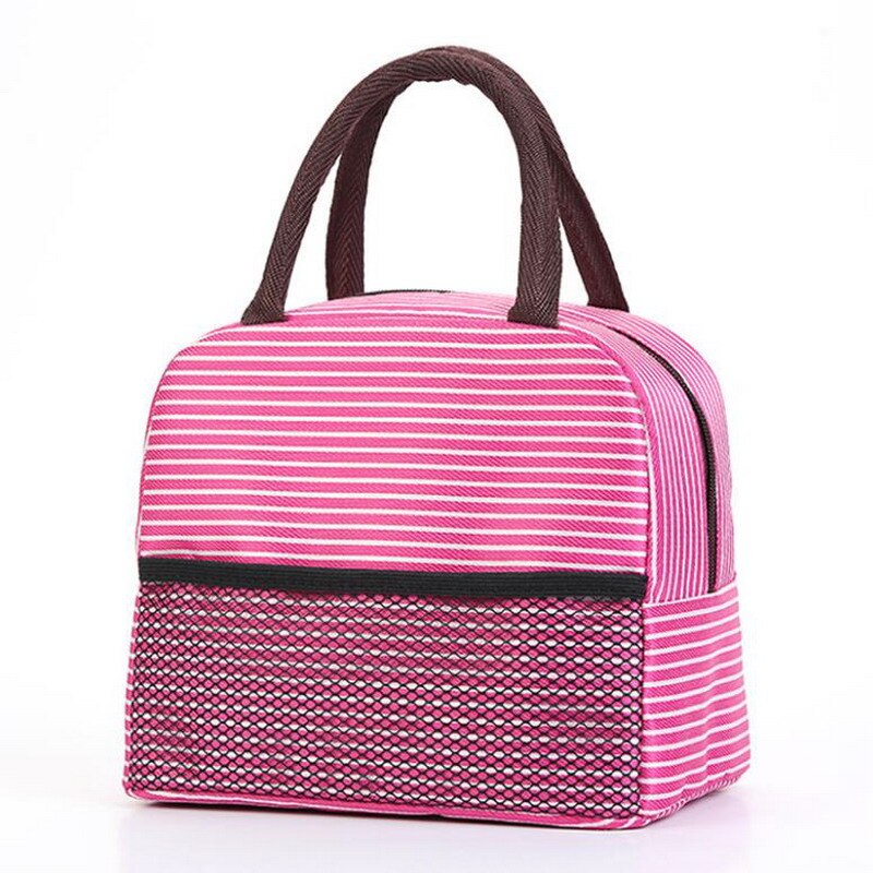 Japanese Stripe Waterproof Nylon Lunch Bags Portable Women Student Lunch Box Thermo Bag Office School Picnic Cooler Bags Bolsos: Hot Pink