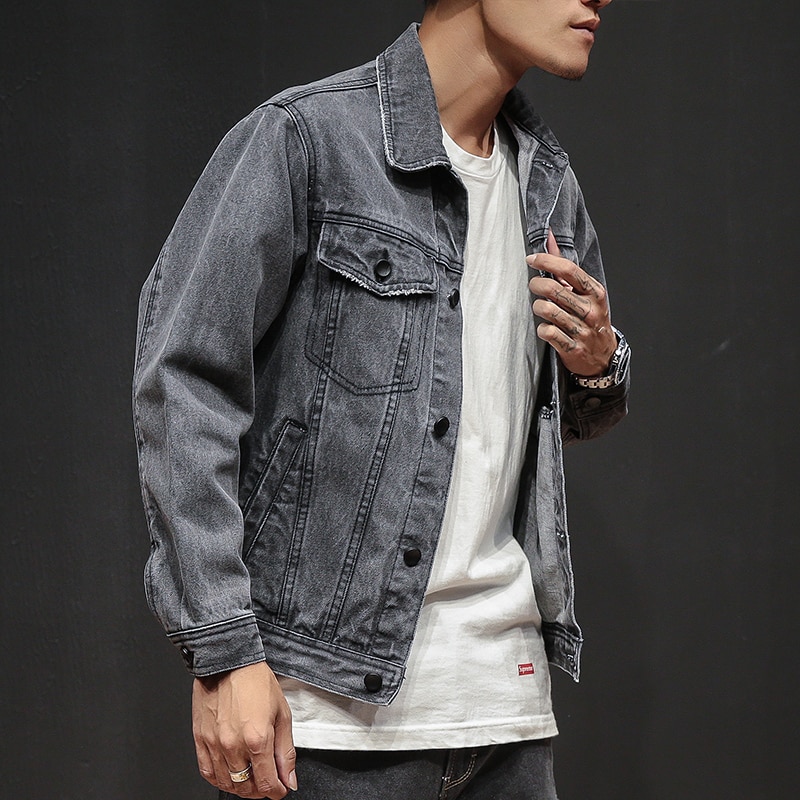 casual men's denim jacket classic retro gray denim jacket punk street hip hop jogging men's short denim jacket