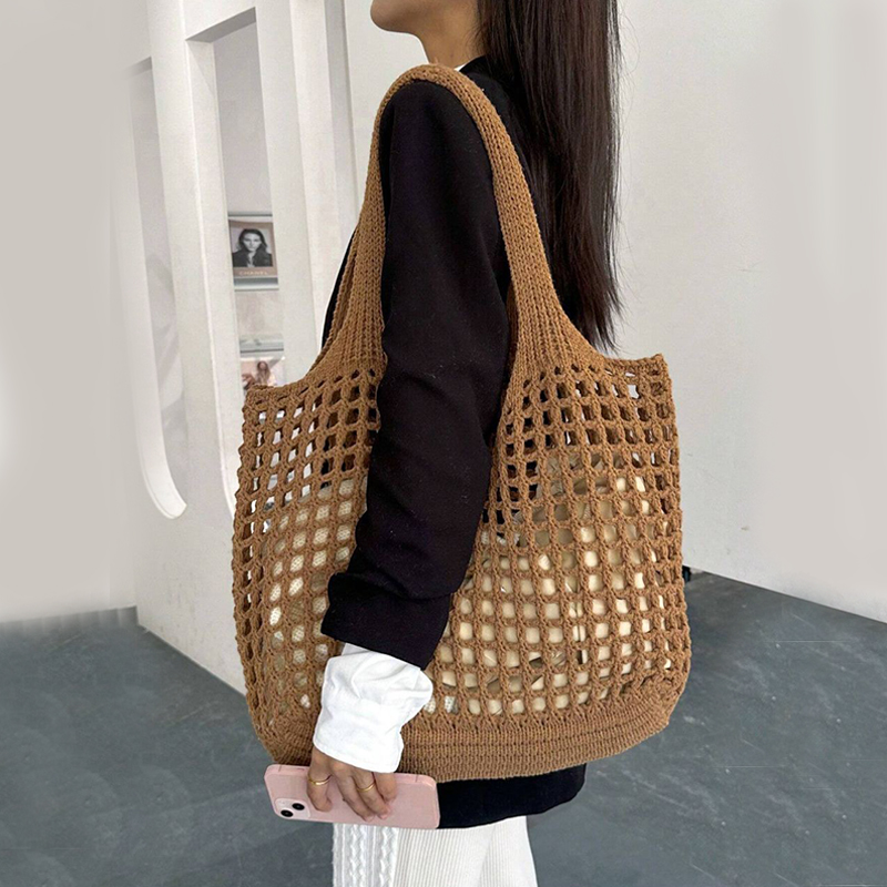 Bolsa tote feminina de crochê, bolsa de praia vazada, grande capacidade, moda de malha, cor sólida, bolsa de compras simples para viagens e férias