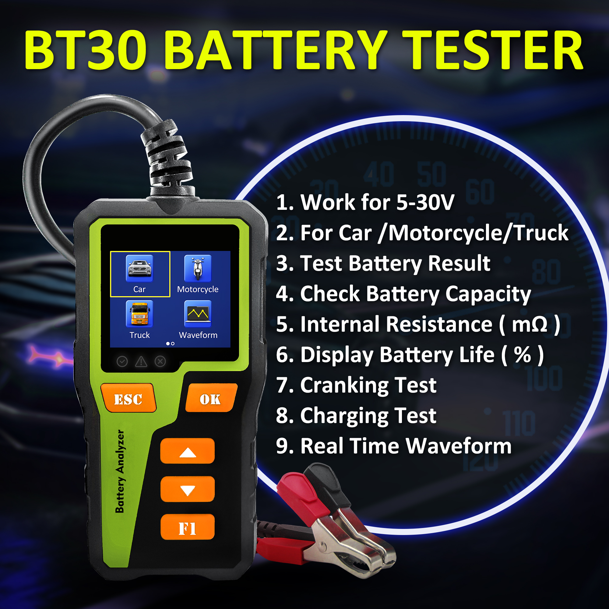 BT-30 Batterie Tester zuletzt Tester Autobatterie Tester abs digitaler Autobatterie analysator für sterben meisten Batterien unterstützt 10 Sprachen