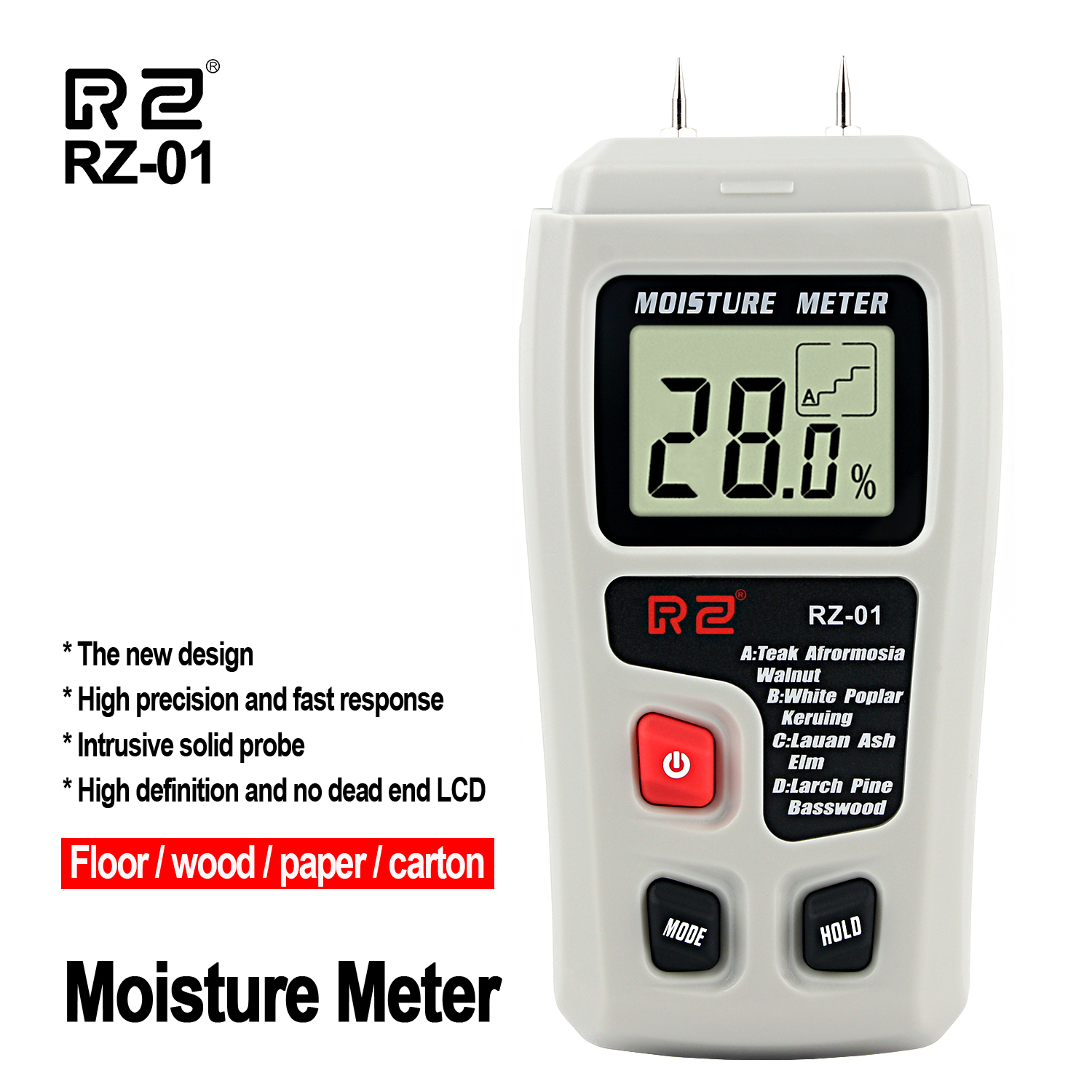 RZ Portable High Precision Wood Moisture Meter Hygrometer Density Digital Electrical Tester Measuring tool 0~99.9%: RZ-01-GR