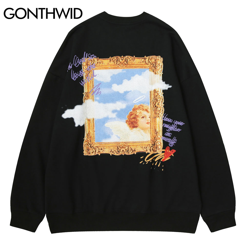 Gonthwid Hoodies Sweatshirts Streetwear Mannen Hip Hop Harajuku Casual Godin Kind Angel Print Trui Tops Uitloper Mannelijke