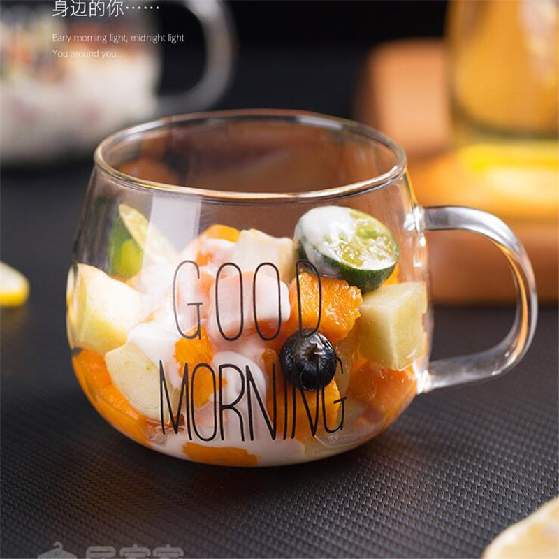 1Pcs Brief Print Creatieve Glas Koffie Mokken Goede Ochtend Hand Transparant Fruit Salade Ontbijt Melk Cup Glas Thee Drankjes