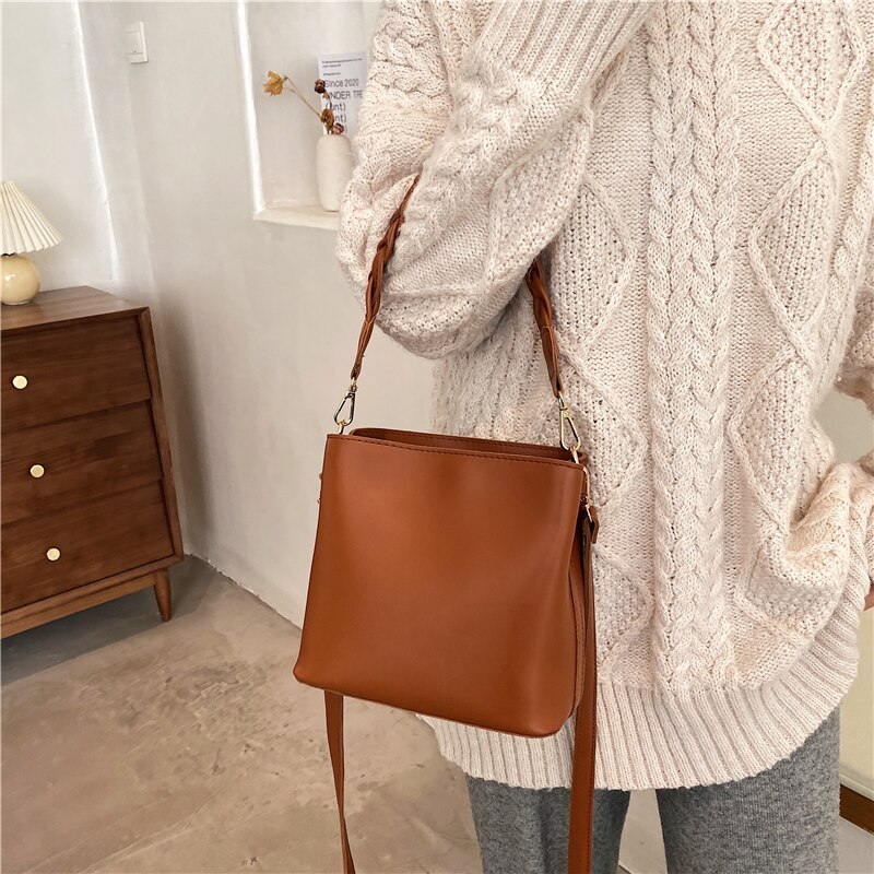 OLSITTI Solid Color PU Leather Shoulder Bucket Bags for Women Casual Crossbody Bag Handbag Sac A Main