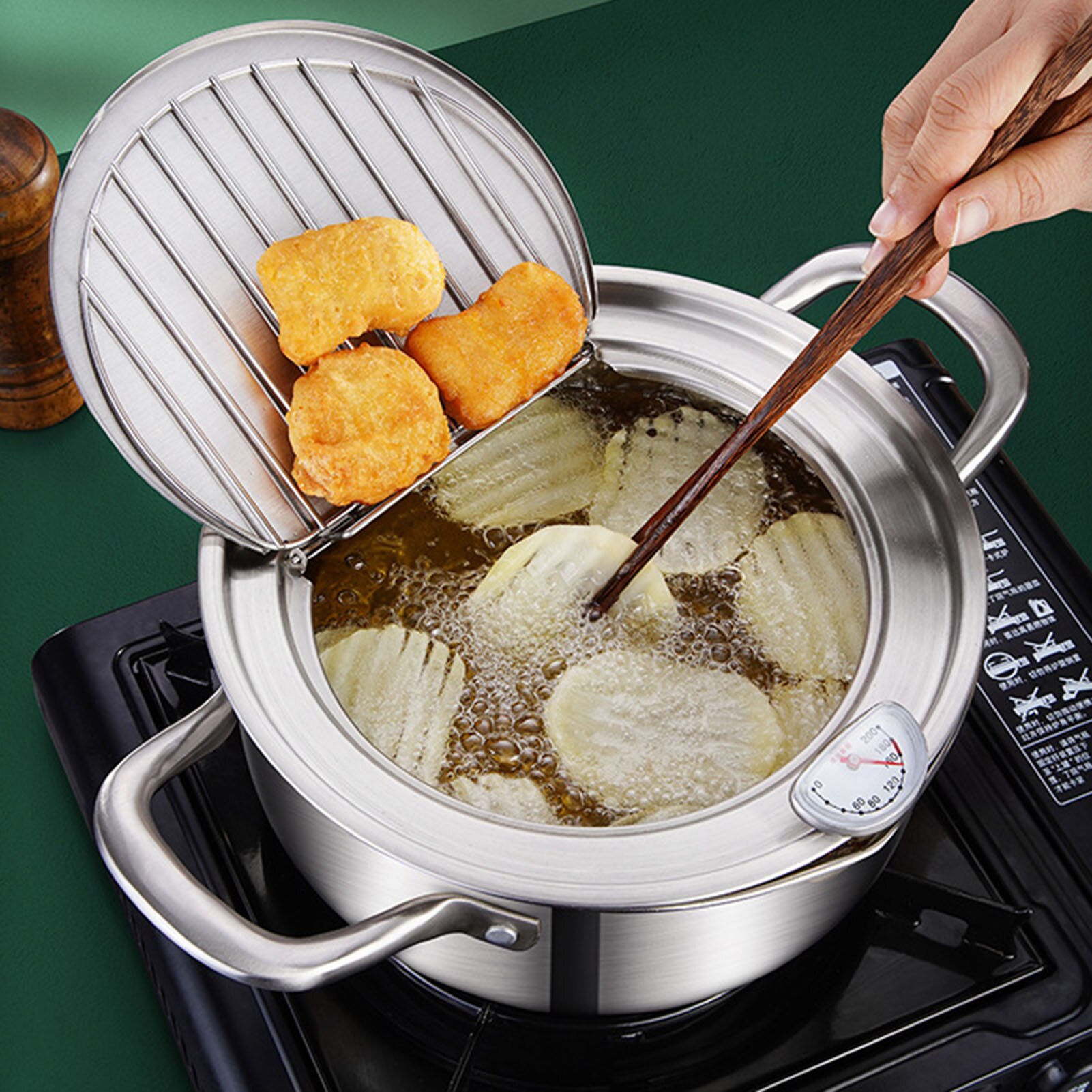 Deep Frying Pot Tempura Frying Pot Stainless Steel Deep Fryer with Thermometer Fried Chicken Pot Cooking Tools Kitchen Accessory