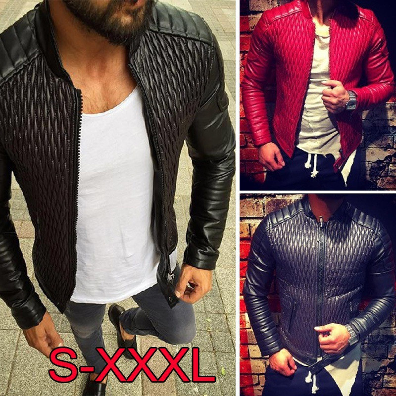 Nueva chaquetas de cuero rojo para hombre Abrigos de cuello alto diamante entramado motocicleta PU prendas de vestir exteriores para hombre chaqueta de abrigo de ropa