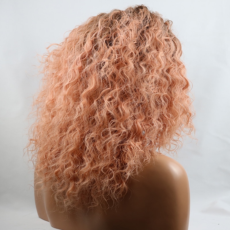 Perruque Bob Lace Front Wig synthétique sans colle | Perruque fantaisie courte, bouclée, rose pêche ombré, perruques de maquillage, coupe au carré courte