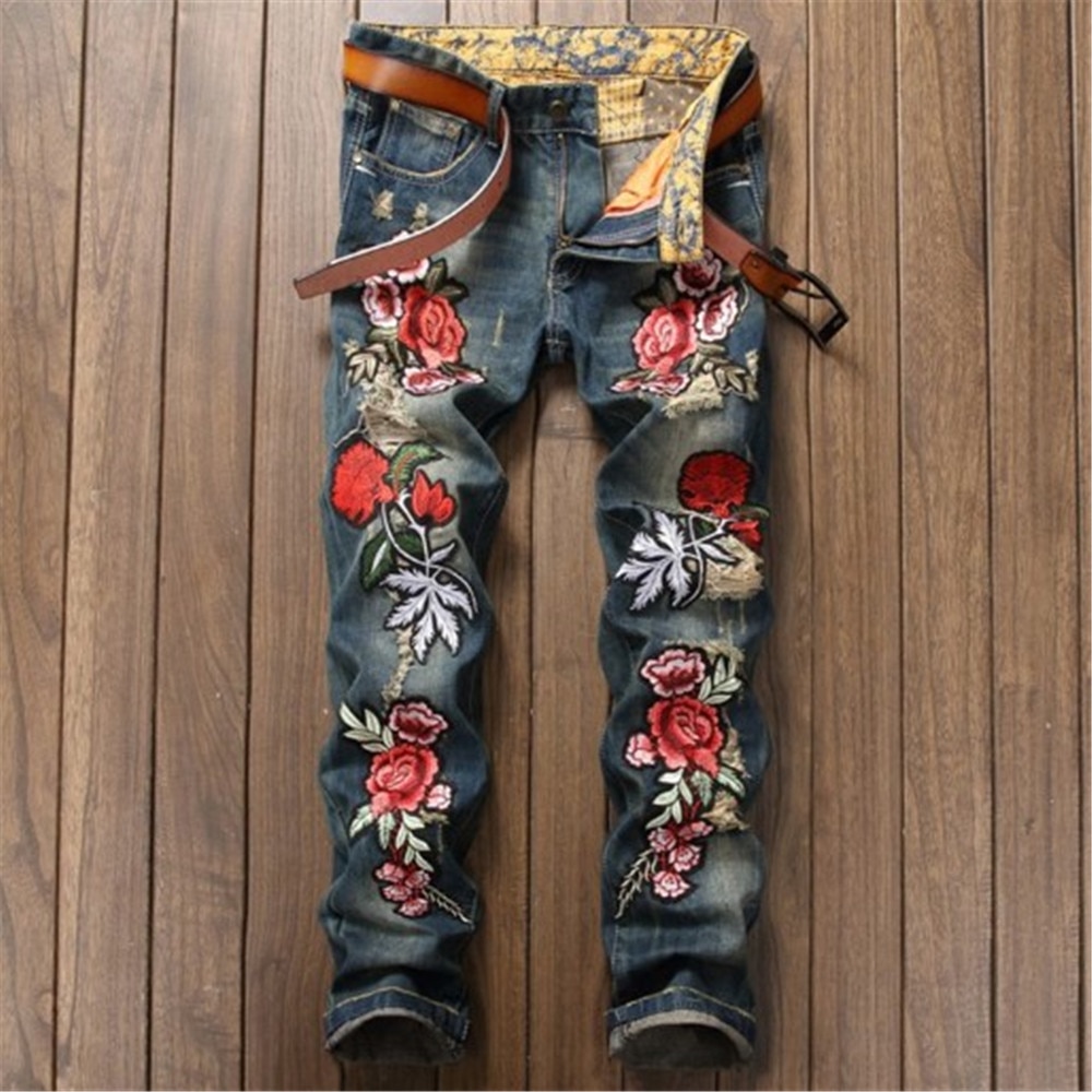 Autumn Straight Leg Slim Jeans Embroidered Rose Tide Pants Classical Retro Ripped Denim Trousers Clothing