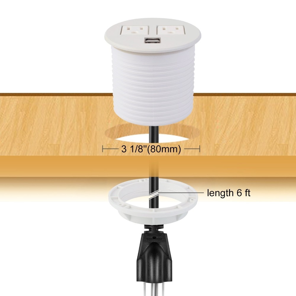 Desktop Power Grommet Hub 2 Power Socket & Dual USB Ports For Office Desk Table Durable Plastic Top (White) with 6 FT Power Cord
