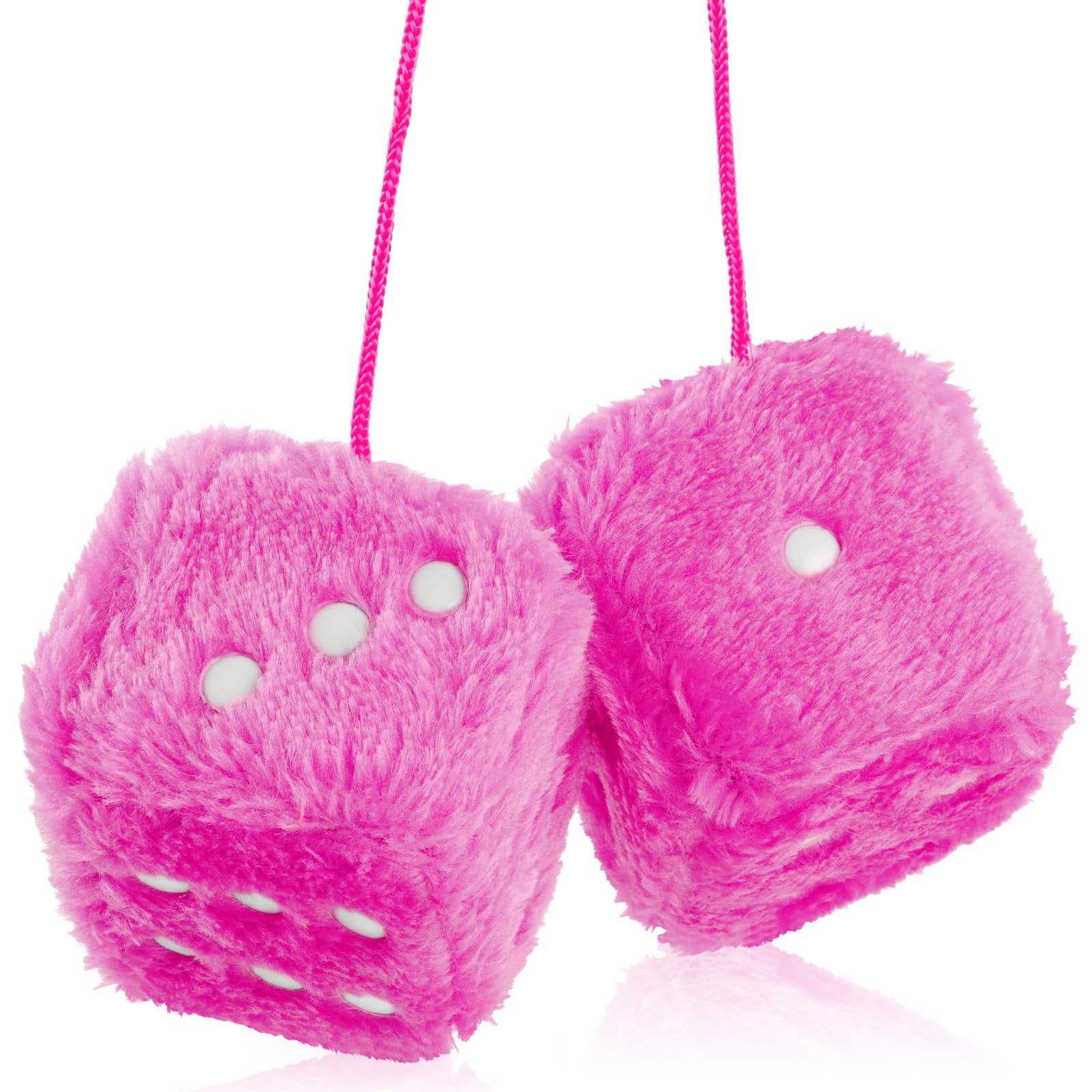 Dés pelucheux pour miroir de voiture, paire de dés en peluche pelucheux carrés rétro de 2.7 pouces avec points pour suspendre des accessoires de voiture, intérieur moelleux: Rose