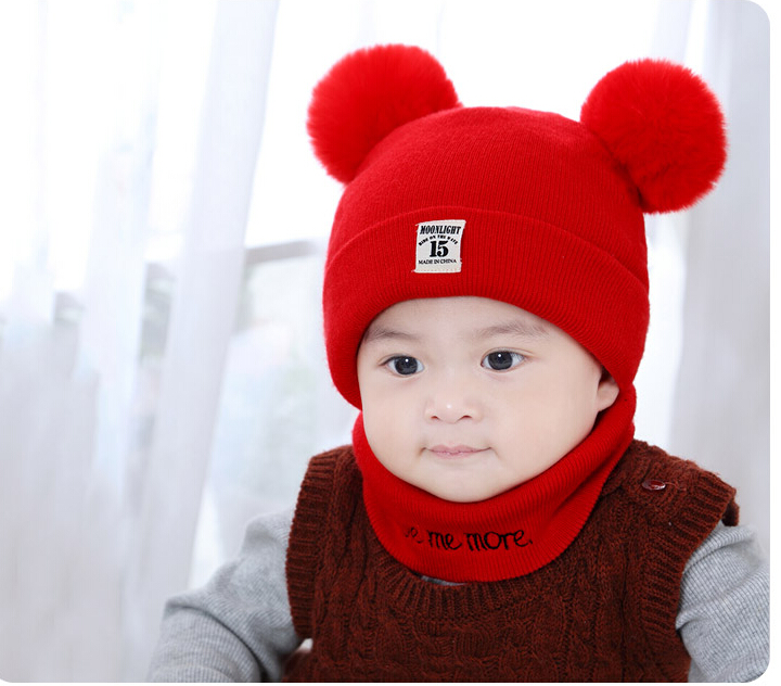 Vinter varme børn hatte sæt kid dobbelt pels pom pom beanie uld strikket hat til baby drenge piger toddler hæklede beanies tørklæder: Rød