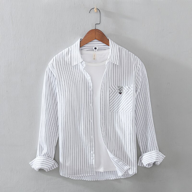 long-sleeved brand shirt men stripe yellow shirts for men trendy comfortable tops men camisa masculina chemise: white / XL (Asian size)