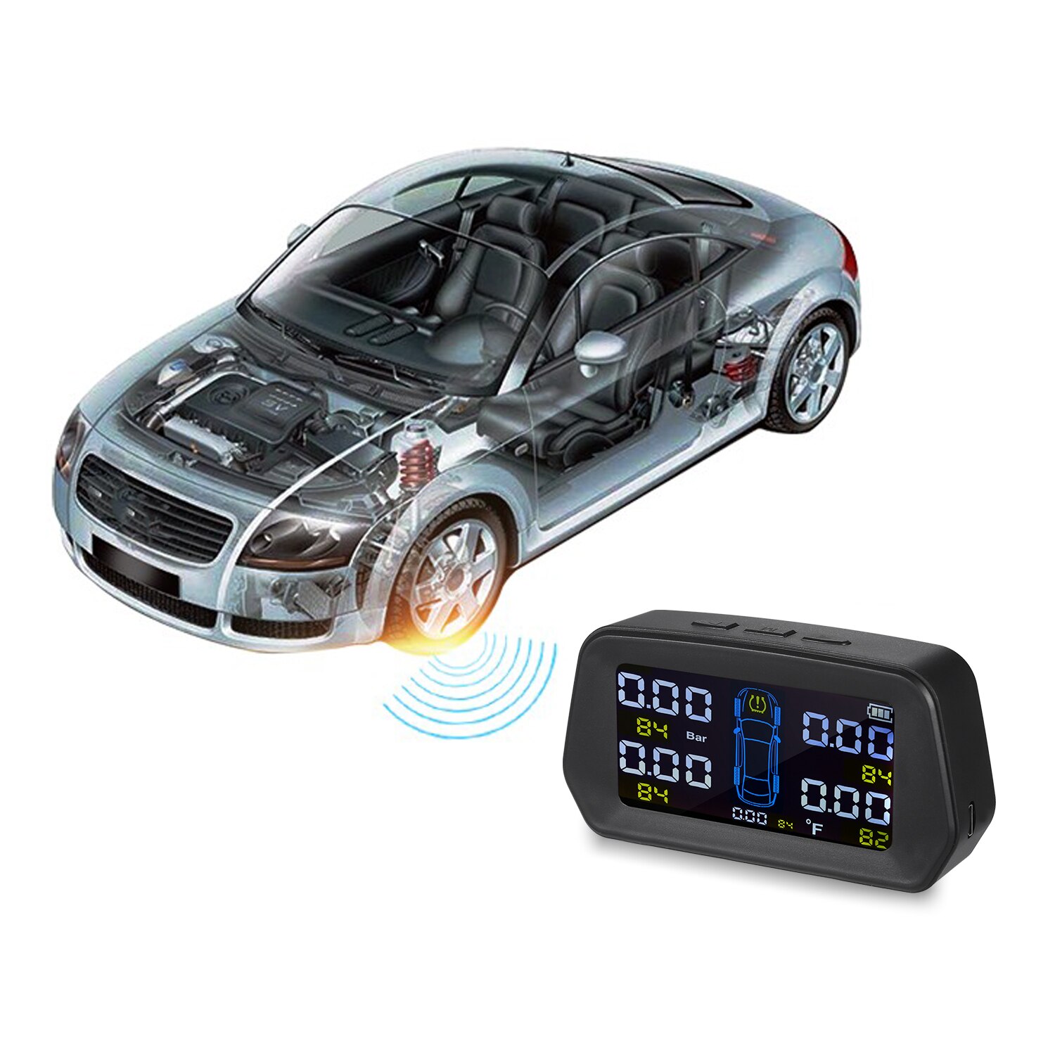 Tire Pressure Monitoring System Solar Powered with 4 External Sensors 6 Alarm Function Real Time Display Pressure Temperature