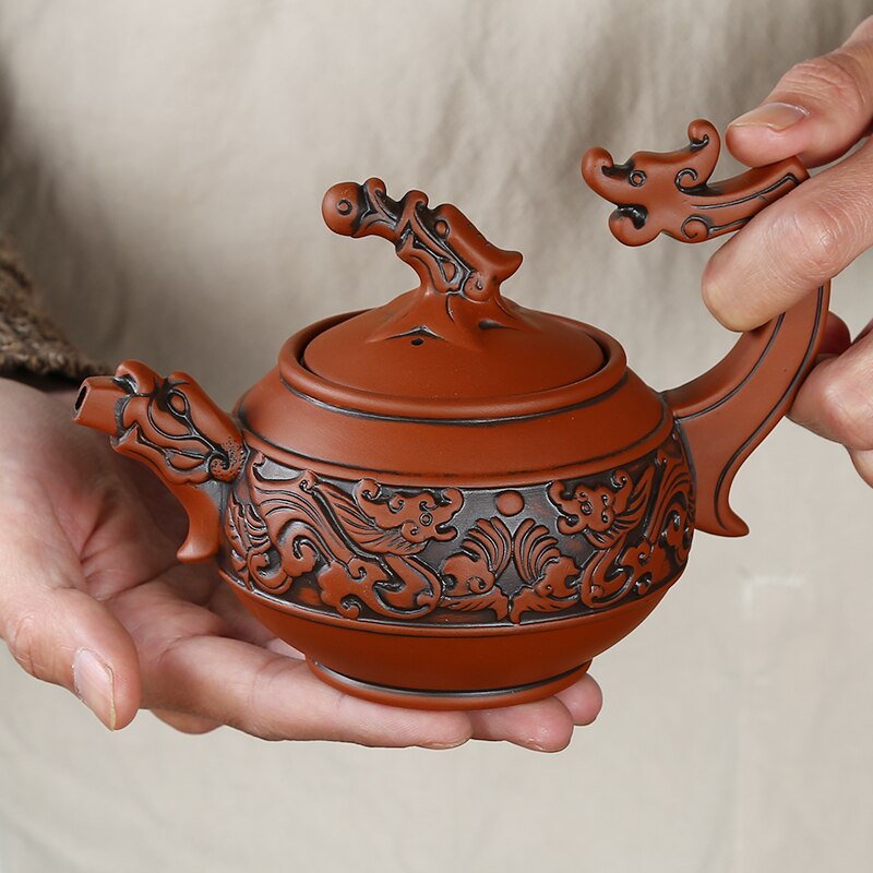 Chinese Traditionele Theepot Shuanglongxizhu, Handgemaakte Zisha Theepot 350Ml Rode Klei Antieke Theepot Keramische Gemengde Kleur Waterkoker MJ820