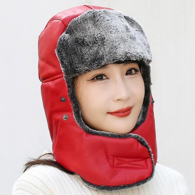 Chapeaux de bombardier thermiques en cuir pour hommes et femmes, Protection des oreilles, casquette de Ski, Protection du cou épaisse en velours pour vieil homme, hiver