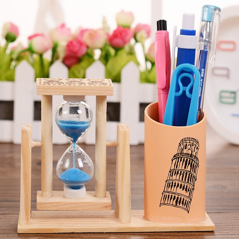 Lápiz de reloj de arena giratorio de madera, soporte de pluma, decoración de escritorio, artesanías, adornos, para estudiantes