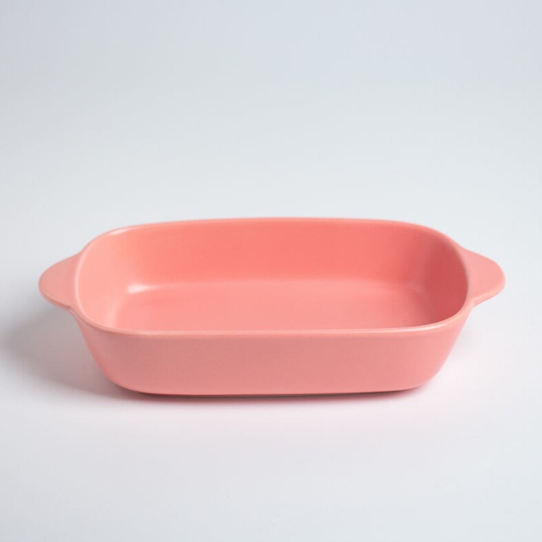 Moderne keramisk ovnsutstyr dobbelt håndtak bakebolle mikrobølgeovn tilgjengelig bakervarer firkantet ovnsfat oppvaskbolle: Rosa