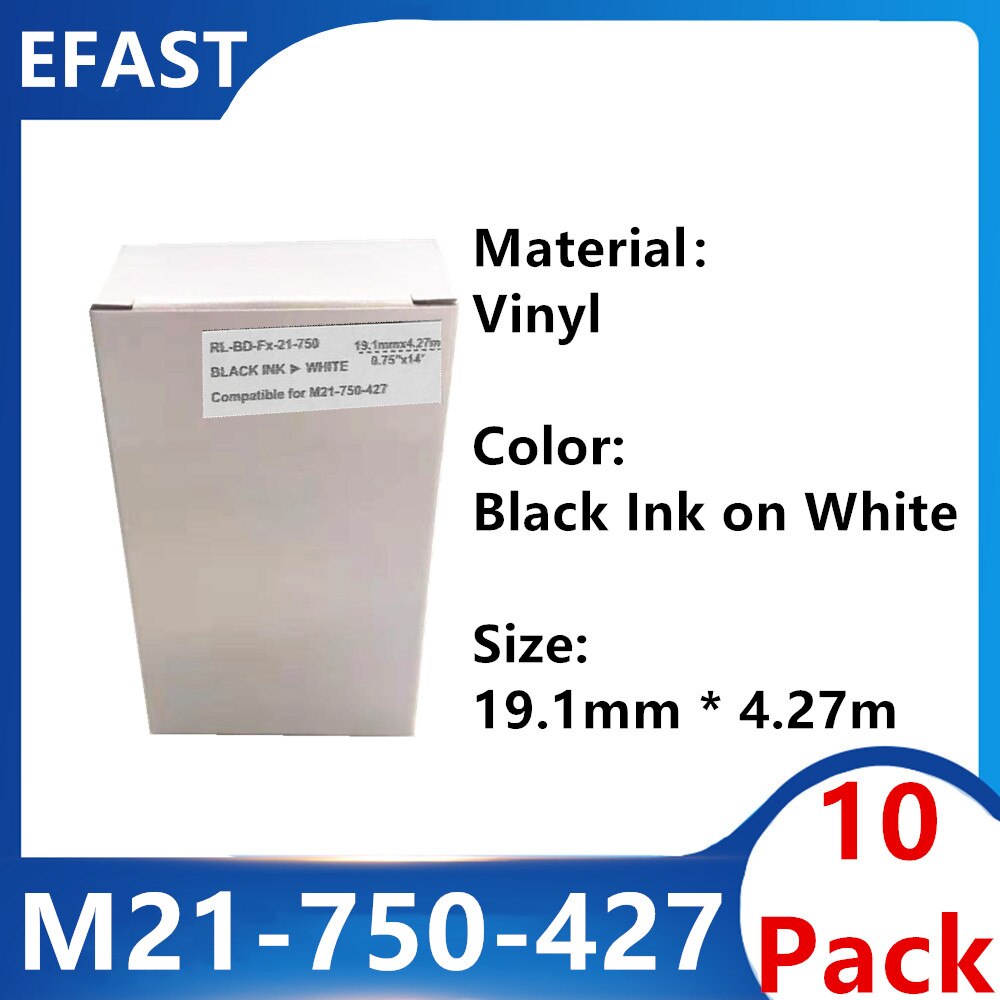 10 Pack M21 750 427 nastro per etichette in vinile nero su bianco per stampante BMP21 PLUS nero su M21-750-427 bianco 19.1mm * 4.27m