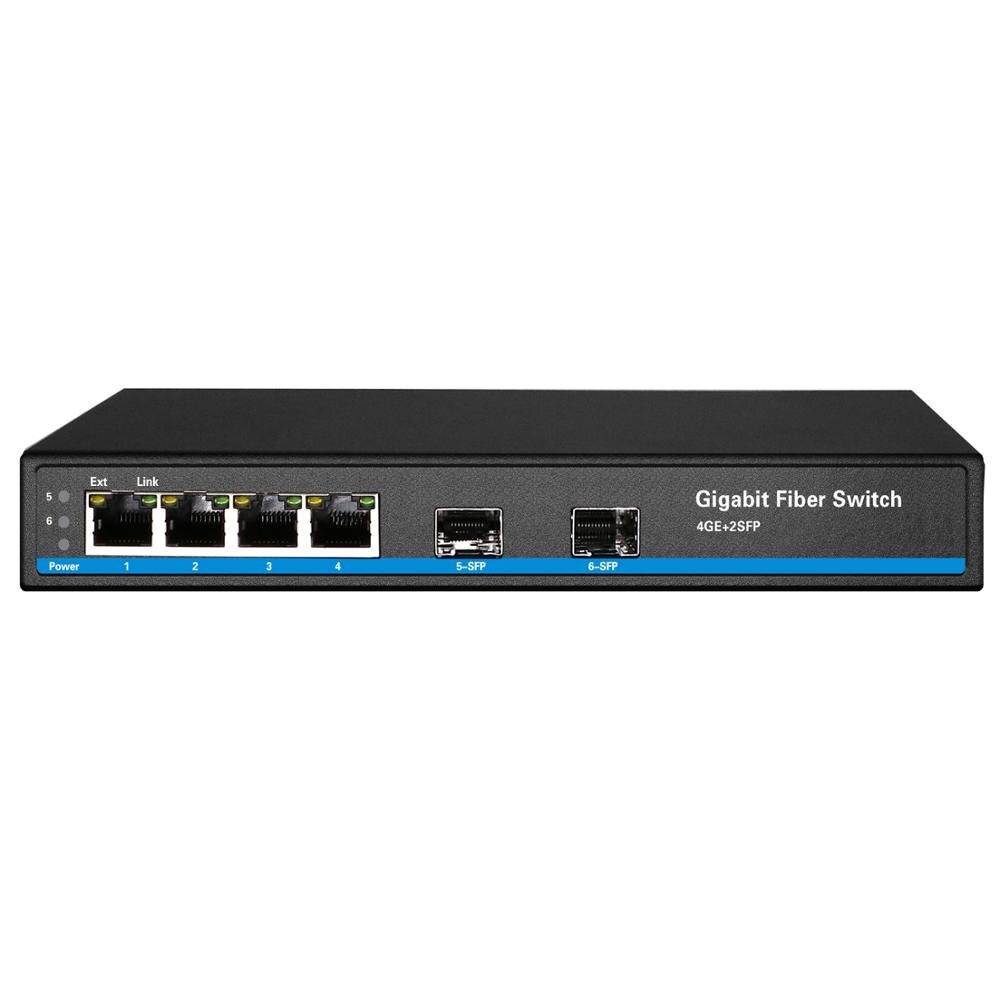 CE/FCC certified 4 ports POE switch with 2 ports giga optical fiber SFP uplink 802.3af/at full gigabit internal 80w PSU: None POE