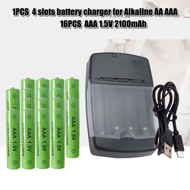 AAA 1.5V Alkaline Rechargeable battery 2100mah + super quick 4 cheenl AA/AAA charger can charge alkaline battery: 16 AAA 1PCS charge