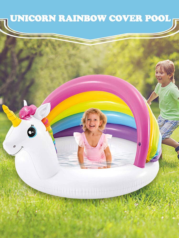 Baby Inflatable Swimming Pool Cute Unicorn Shape Awning Paddling Pool For Children Kids Backyard Garden