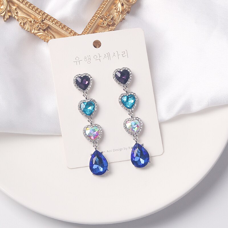 MWSONYA Korean Blue Love Heart Crystal Earrings for Women Water Crystal Tassel Pendant Shining Jewelry