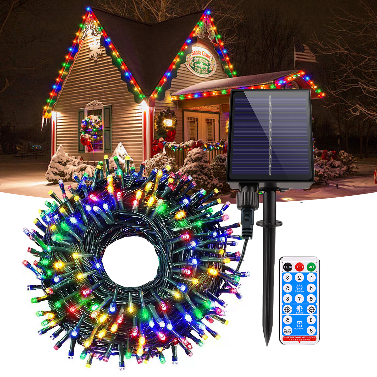 Rgb led solcelledrevet lyslenke vanntett utendørs 8 lysmoduser varm/hvit lyslenke julekorridor hagedekorasjonslampe