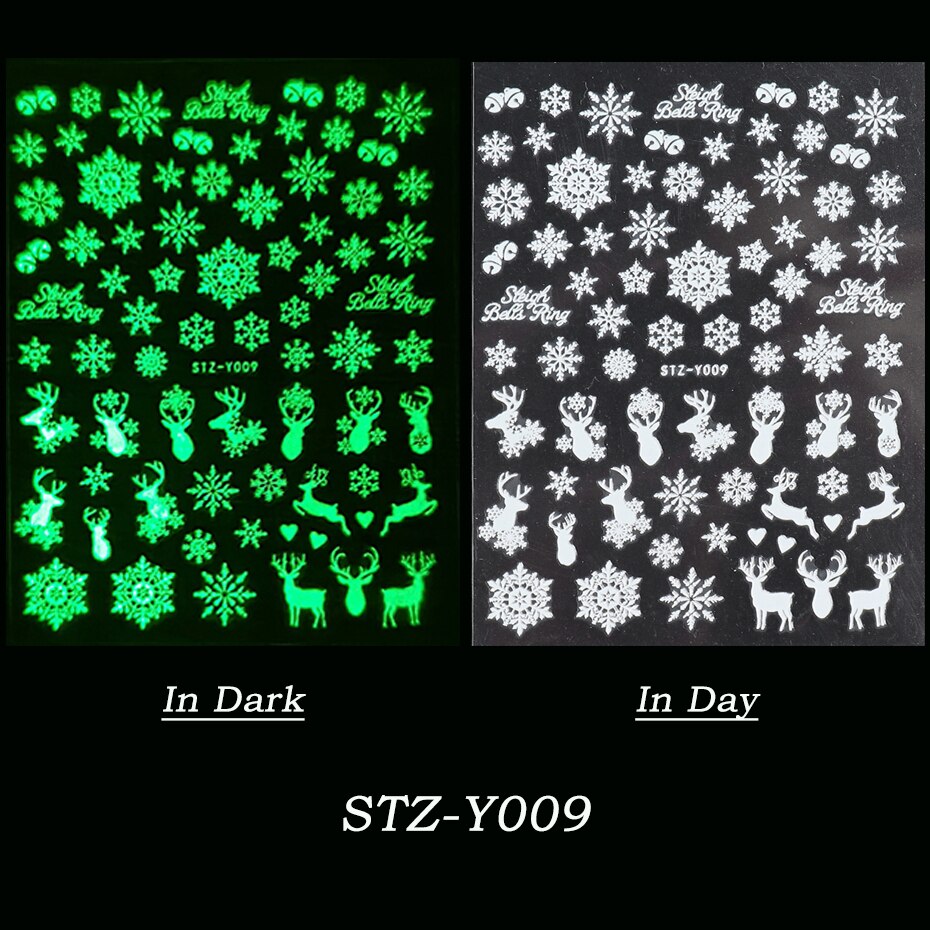 1Pcs 3D Lichtgevende Nail Stickers Kerstmissneeuwman Kerstman Elk Glow In The Dark Slider Voor Manicure Winter Decoratie JISTZY001-009: STZ-Y009